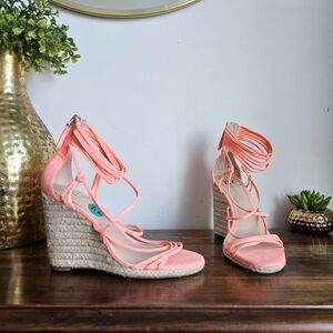 JLO Jennifer Lopez Callie Espadrille Wedge Sandal Womens Size 7.5 Coral Strappy